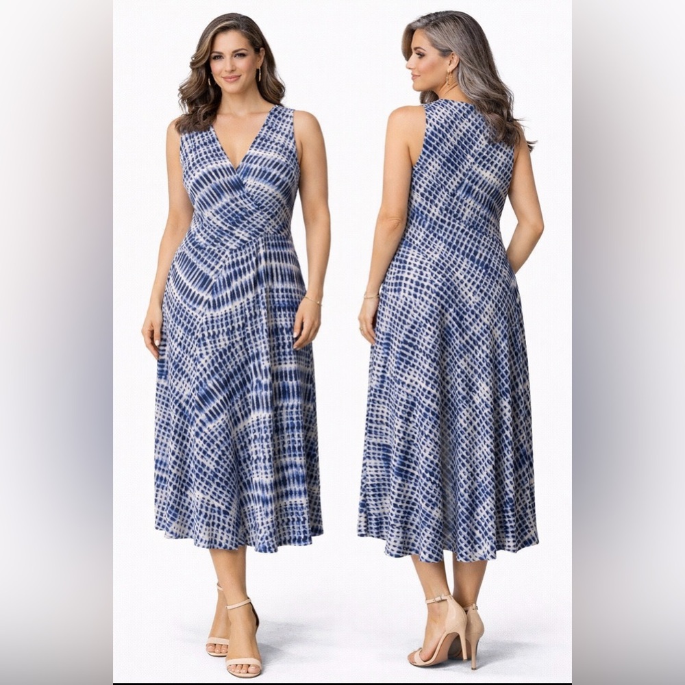 DKNY Dress 8 Blue Ivory Lilac Midi Stretch Career Church Washable New